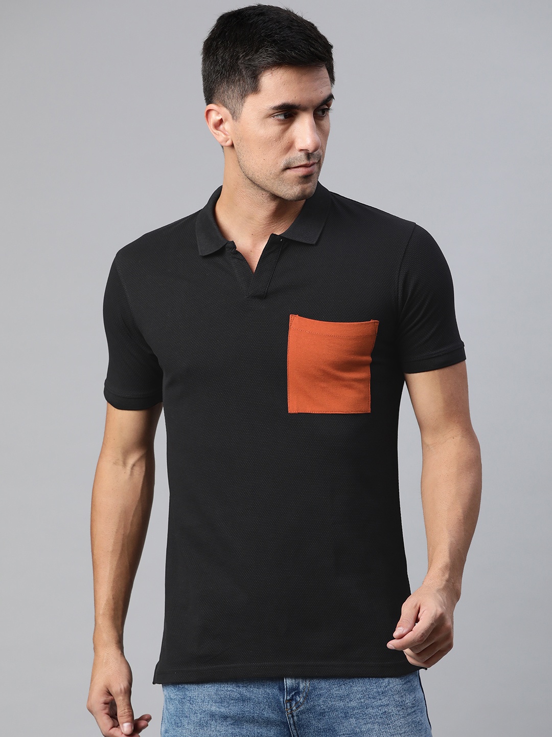 

ManQ CASUAL Men Black & Rust Polo Collar Slim Fit T-shirt