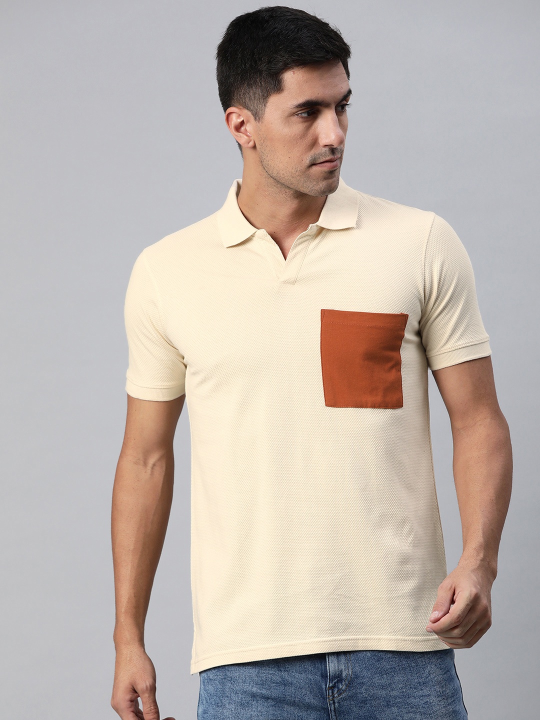 

ManQ CASUAL Men Beige & Brown Polo Collar Slim Fit Cotton T-shirt