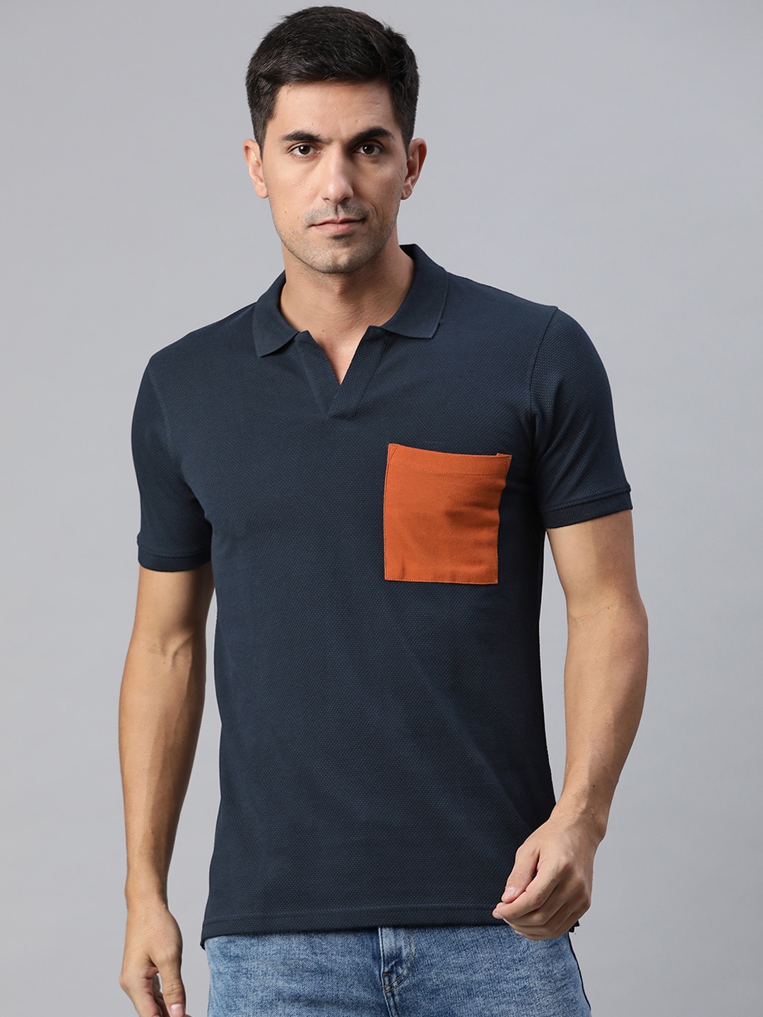 

ManQ CASUAL Men Navy Blue & Orange Polo Collar Slim Fit Cotton T-shirt