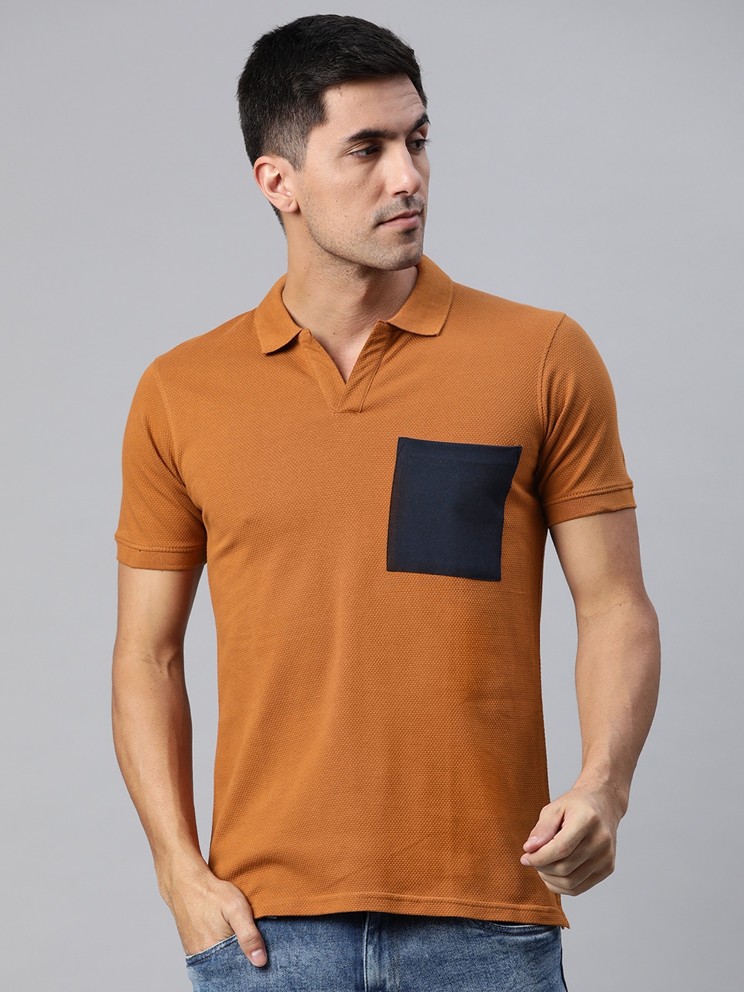 

ManQ CASUAL Men Tan & Black Polo Collar Slim Fit Cotton T-shirt