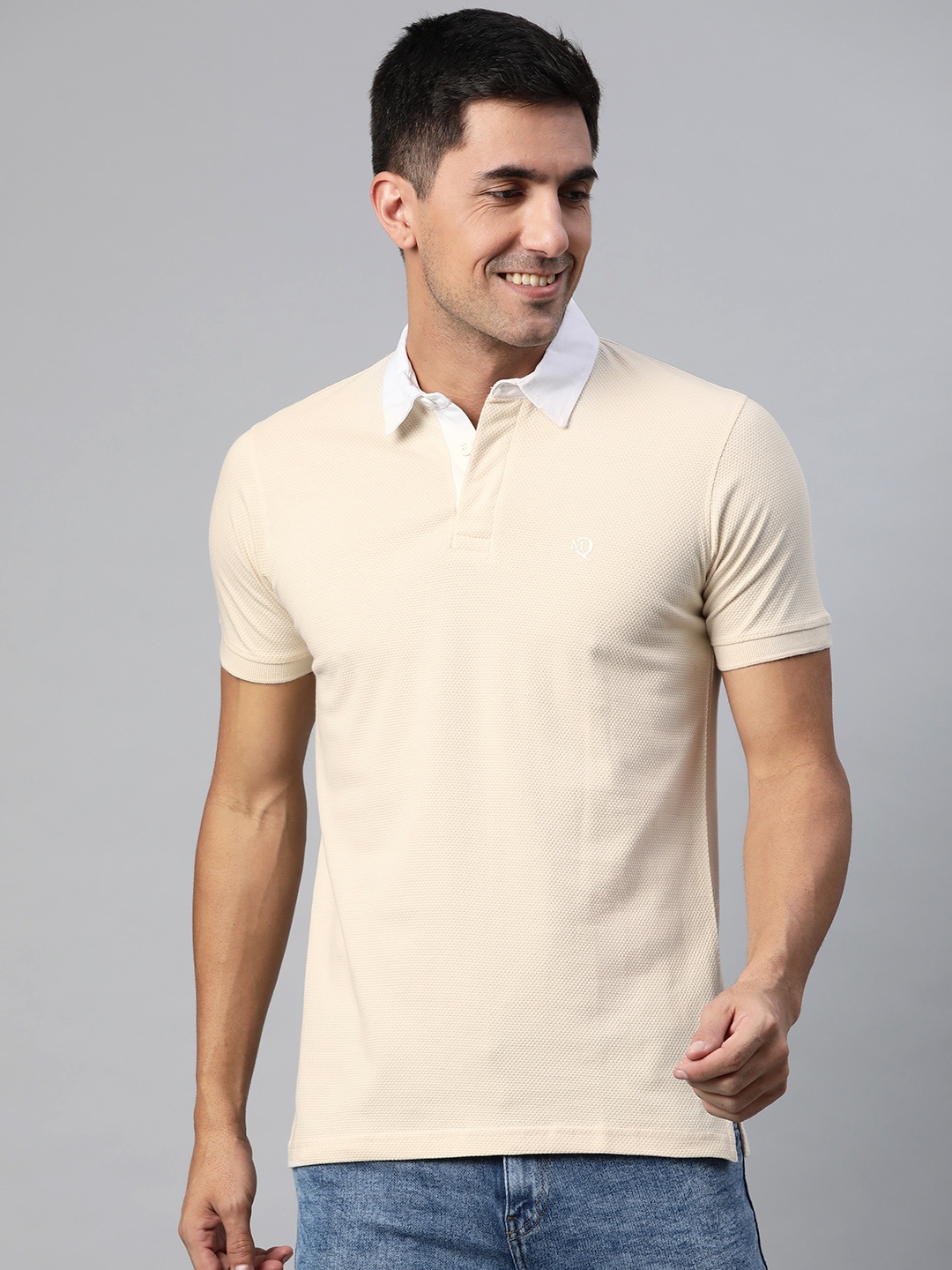 

ManQ CASUAL Men Beige Polo Collar Slim Fit Cotton T-shirt