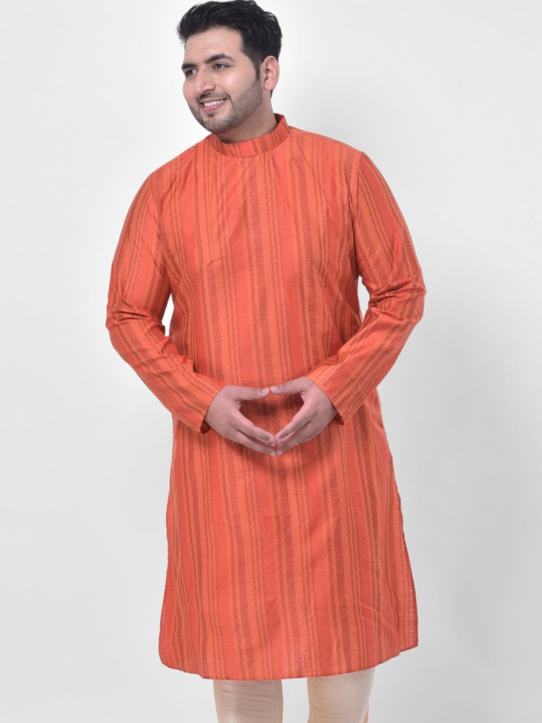 

DEYANN PLUS Men Plus Size Orange Striped Jacquard Kurta