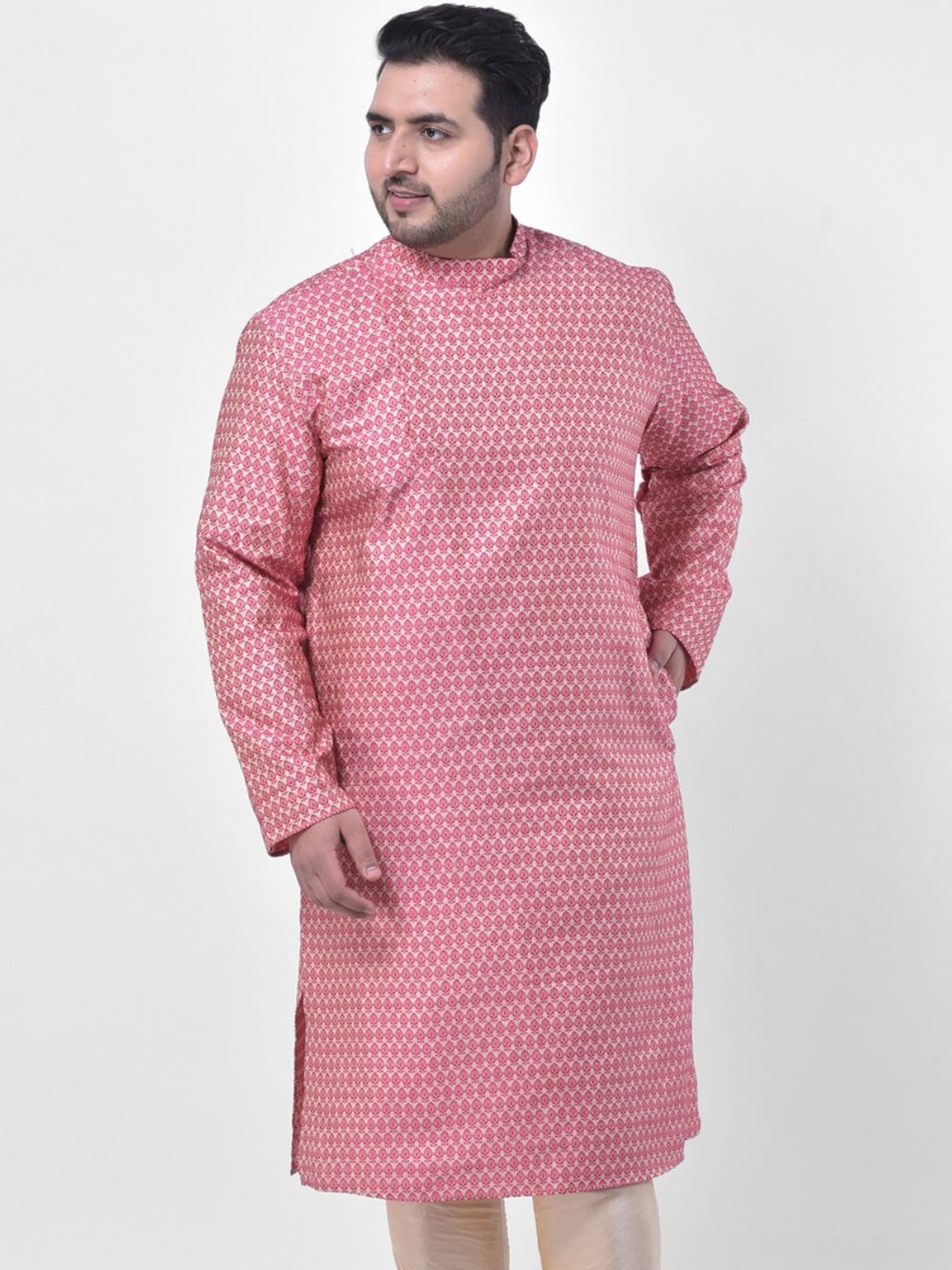 

DEYANN PLUS Men Pink & Off-White Ethnic Motifs Woven Design Jacquard Kurta