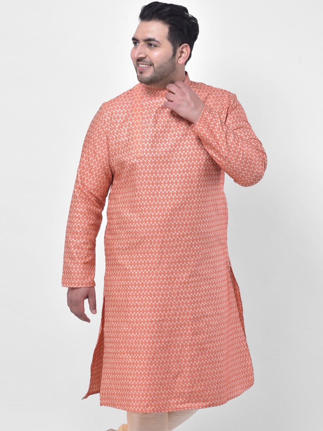 

DEYANN PLUS Plus Size Men Orange Geometric Jacquard Kurta