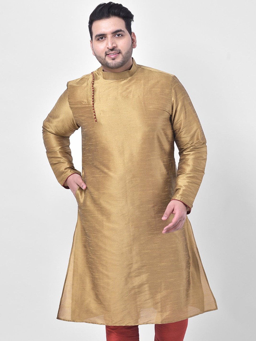 

DEYANN PLUS Plus Size Men Brown Solid Dupion Silk Kurta