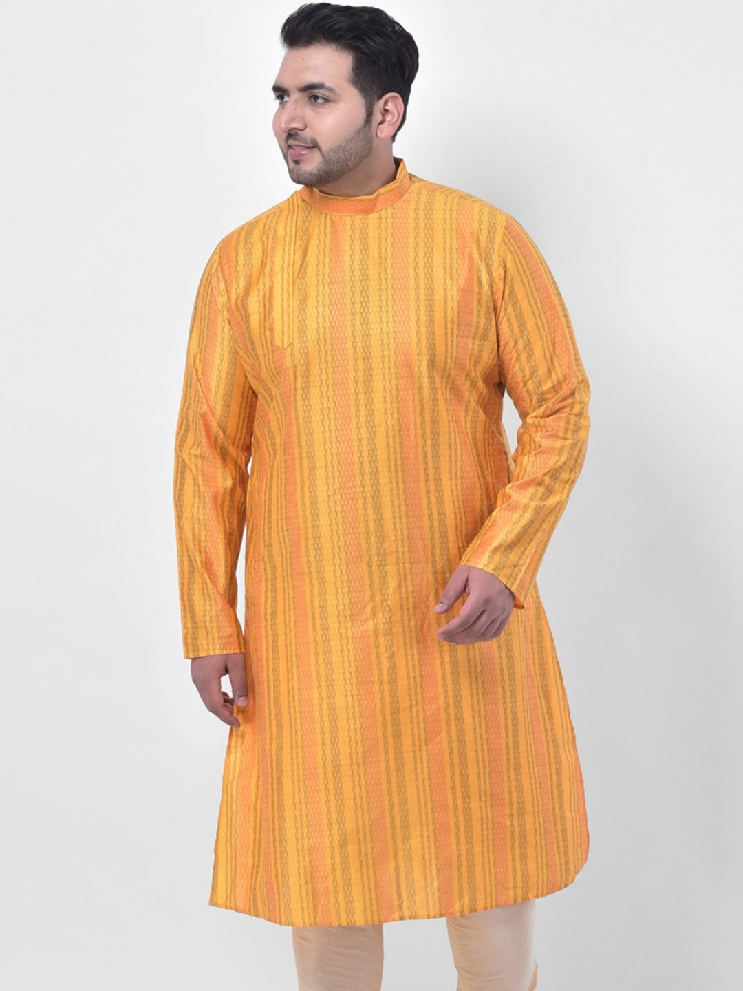 

DEYANN PLUS Men Plus Size Yellow Striped Jacquard Kurta