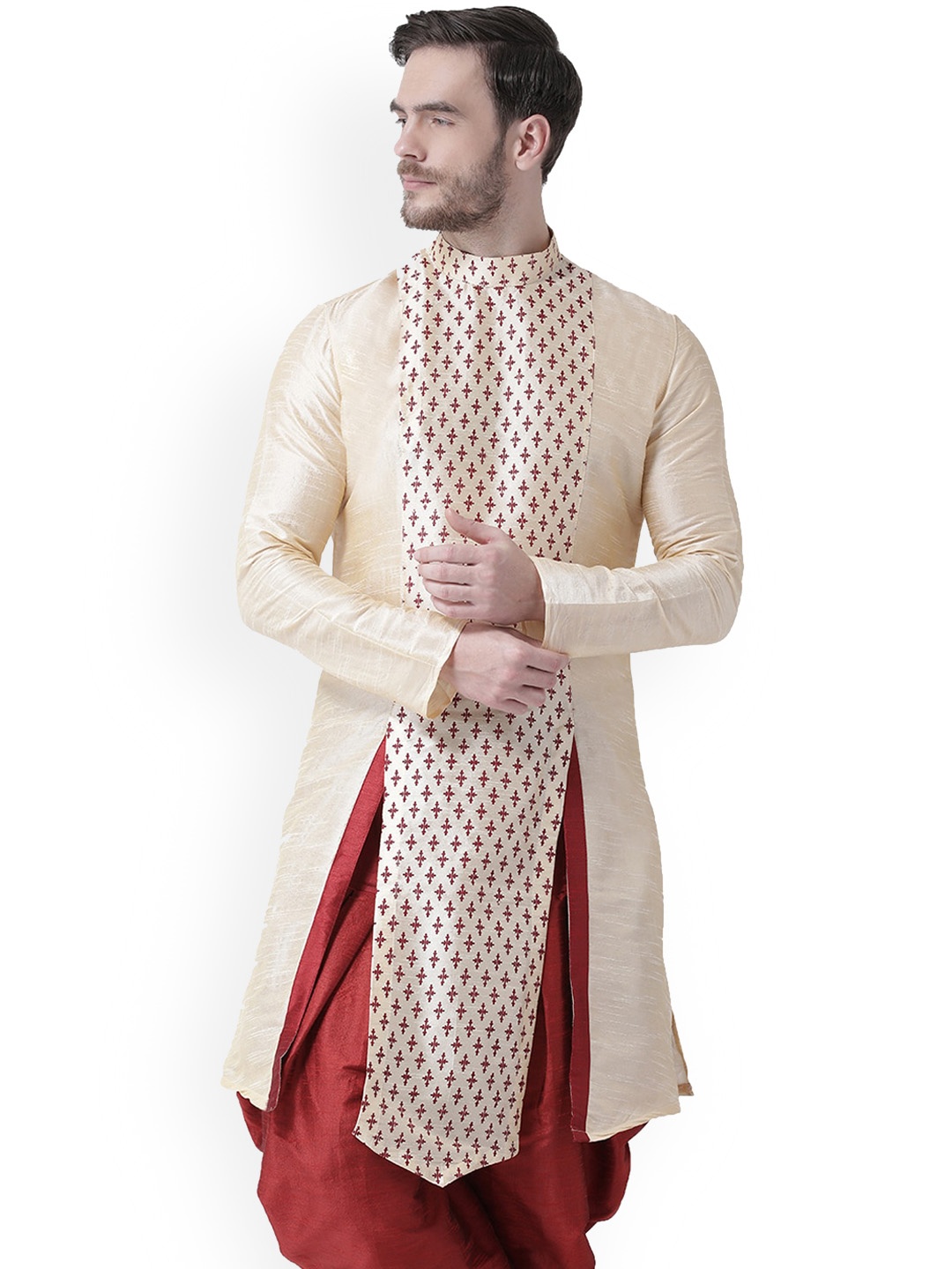 

DEYANN Men Cream & Maroon Geometric Thread Work Dupion Silk Kurta