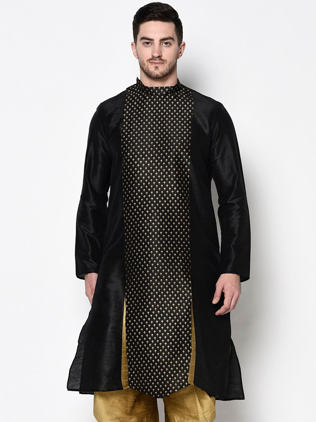 

DEYANN Men Black & Gold-Toned Ethnic Motifs Kurta