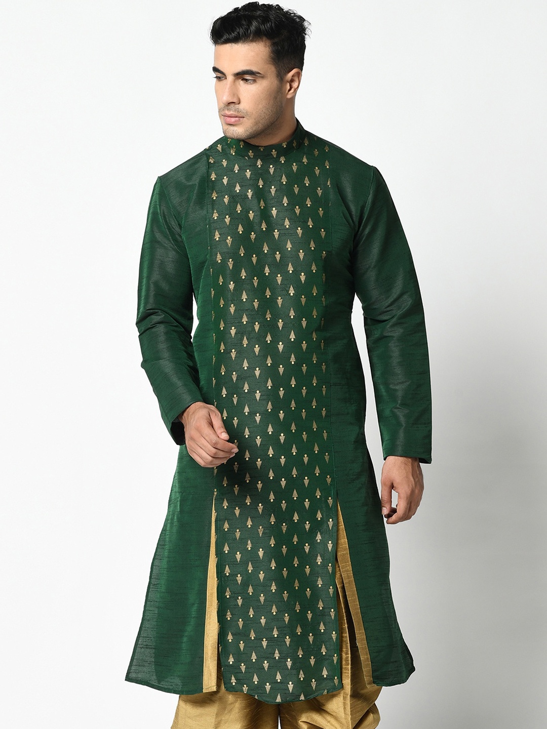 

DEYANN Men Green & Golden Ethnic Motifs Woven Design A-line Kurta