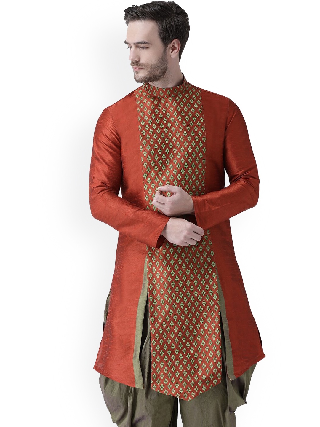 

DEYANN Men Orange & Green Ethnic Motifs Printed Kurta