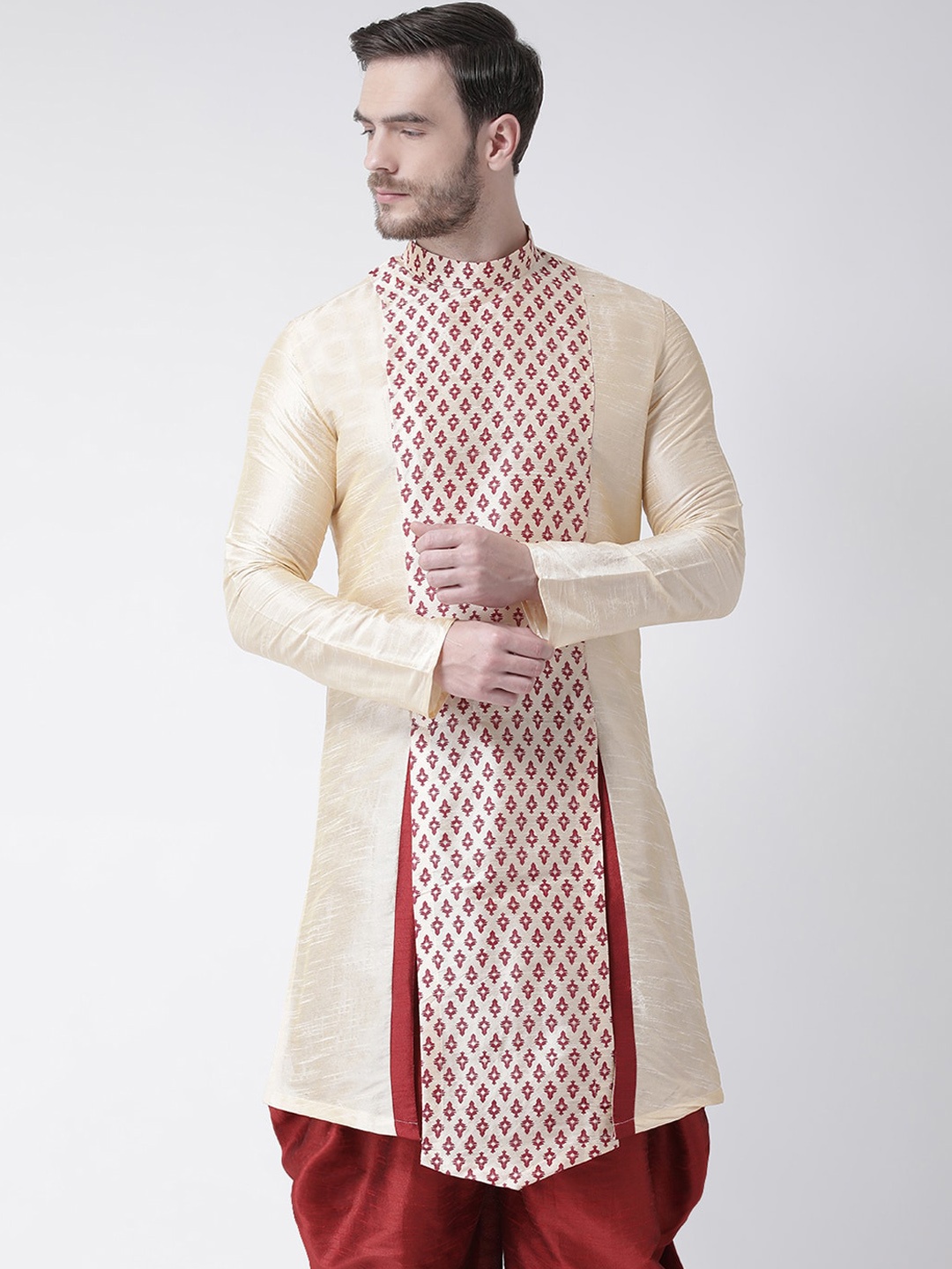 

DEYANN Men Cream-Coloured Geometric Printed Dupion Silk Kurta