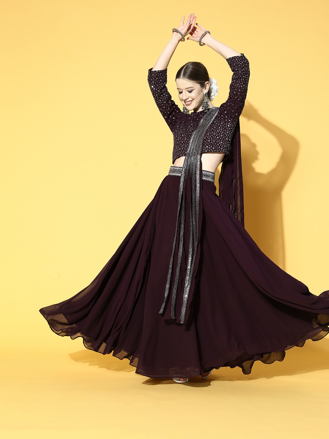 

Kvsfab Deep Burgundy Embroidered Ready to Wear Lehenga Choli with Dupatta