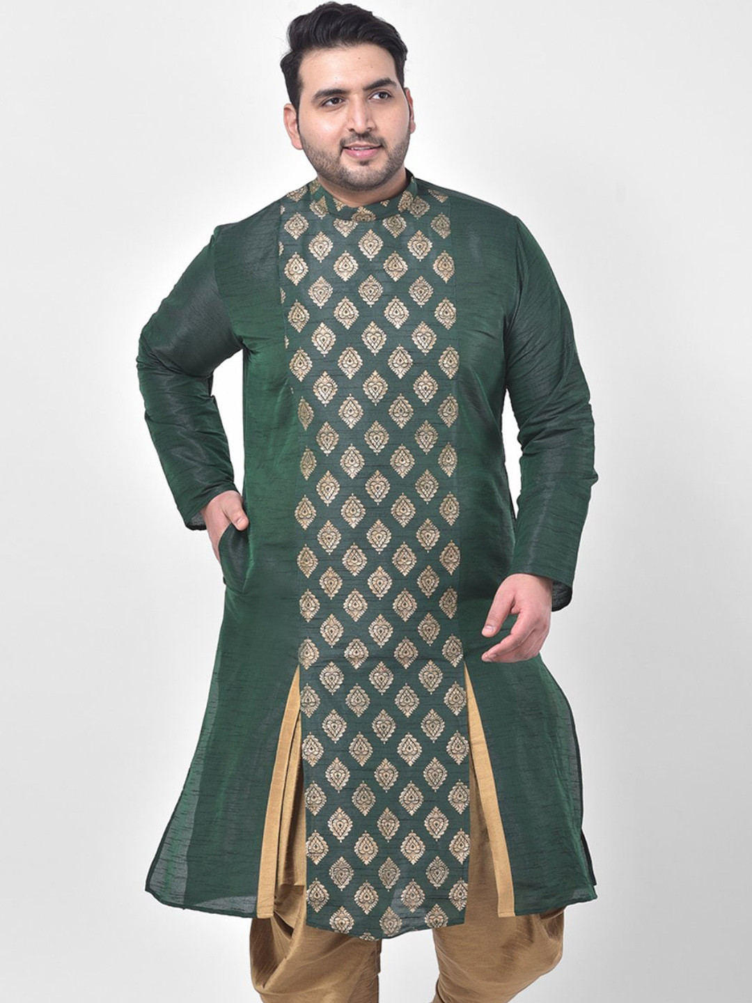 

DEYANN PLUS Men Plus Size Green & Gold-Toned Ethnic Motifs Kurta