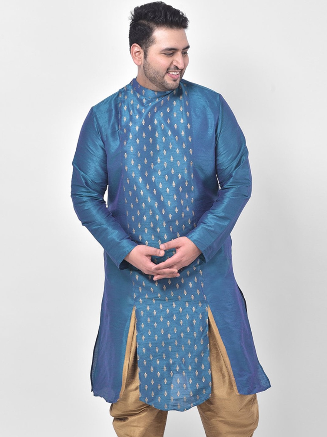 

DEYANN PLUS Men Plus Size Blue Geometric Woven Design Dupion Silk Kurta