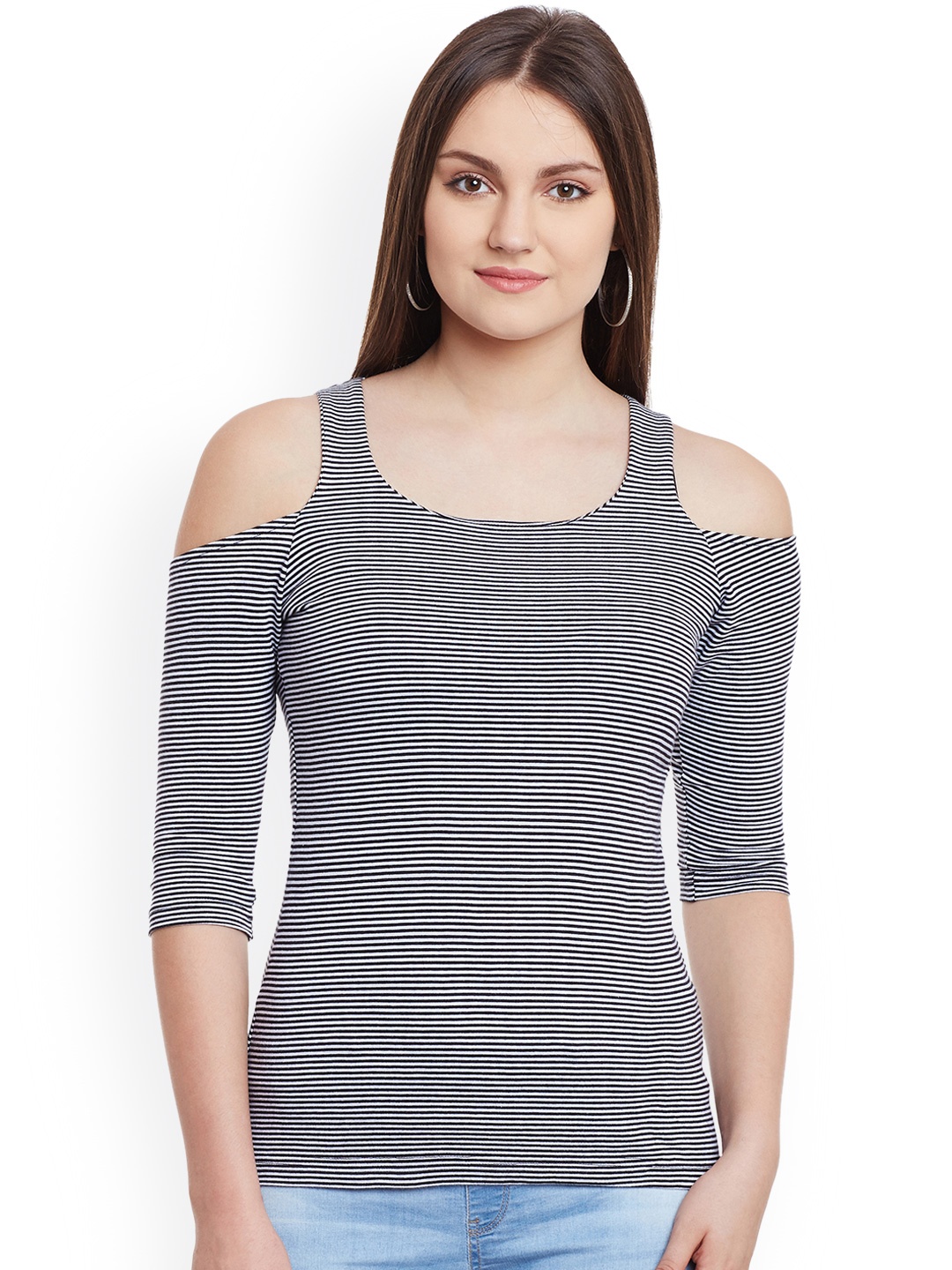 

Hypernation Women Black Striped Cold-Shoulder Top