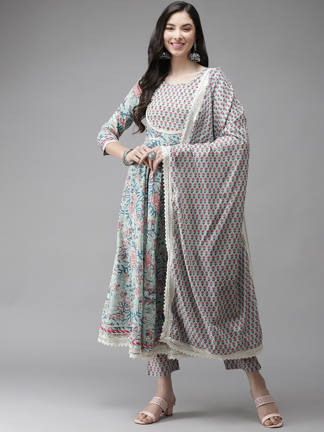 

Cayman Women Green Ethnic Motifs Printed Empire Pure Cotton Kurta with Trousers & With Dupatta