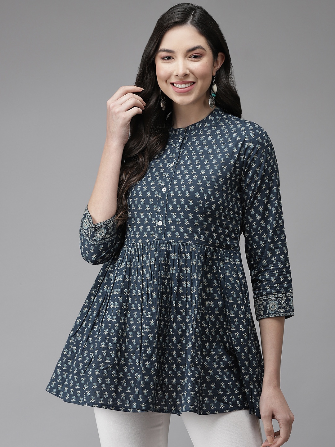 

Cayman Blue Ethnic Motifs Printed Pure Cotton Empire Kurti