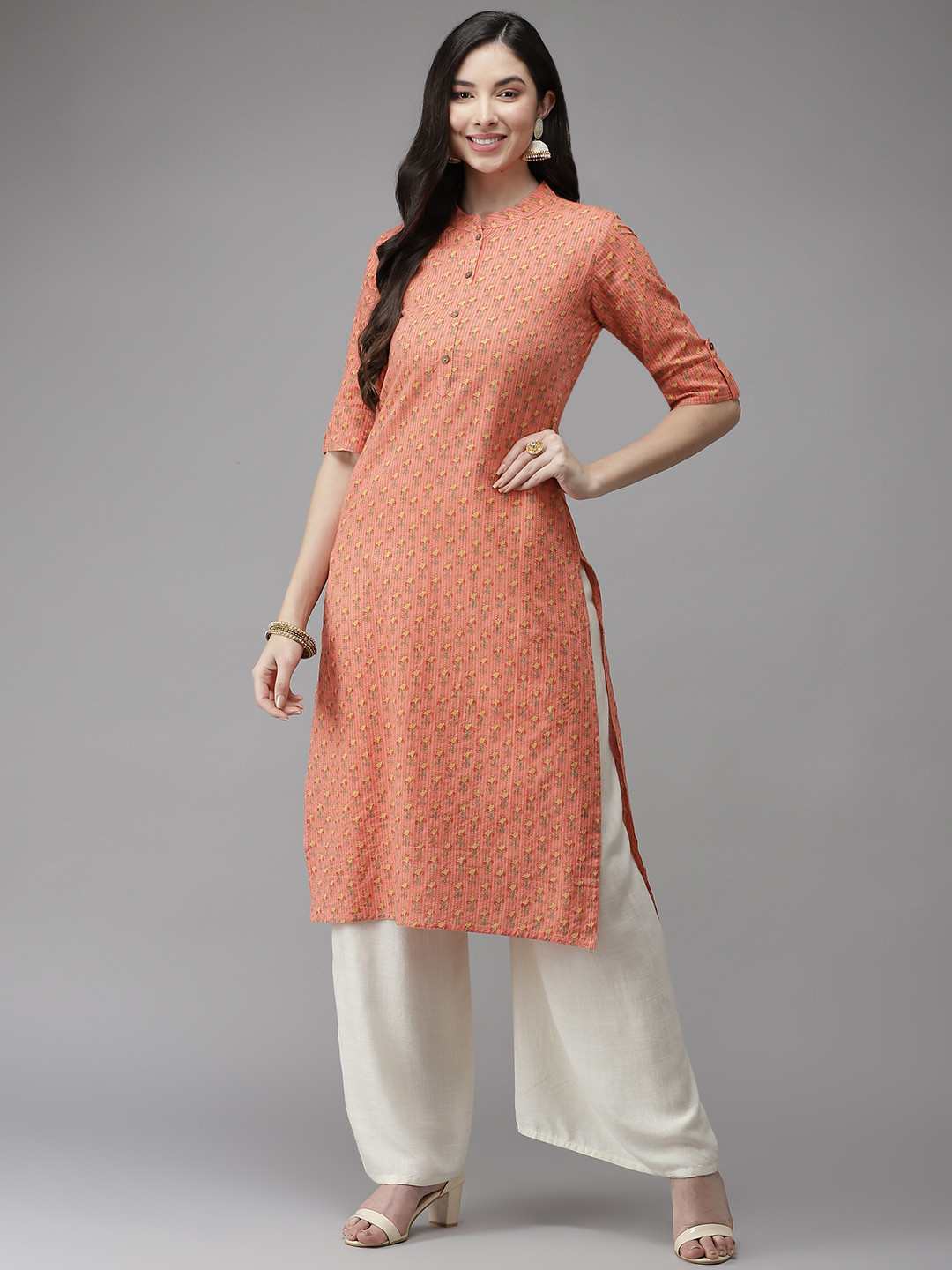 

Cayman Women Peach-Coloured Ethnic Motifs Printed Kurta