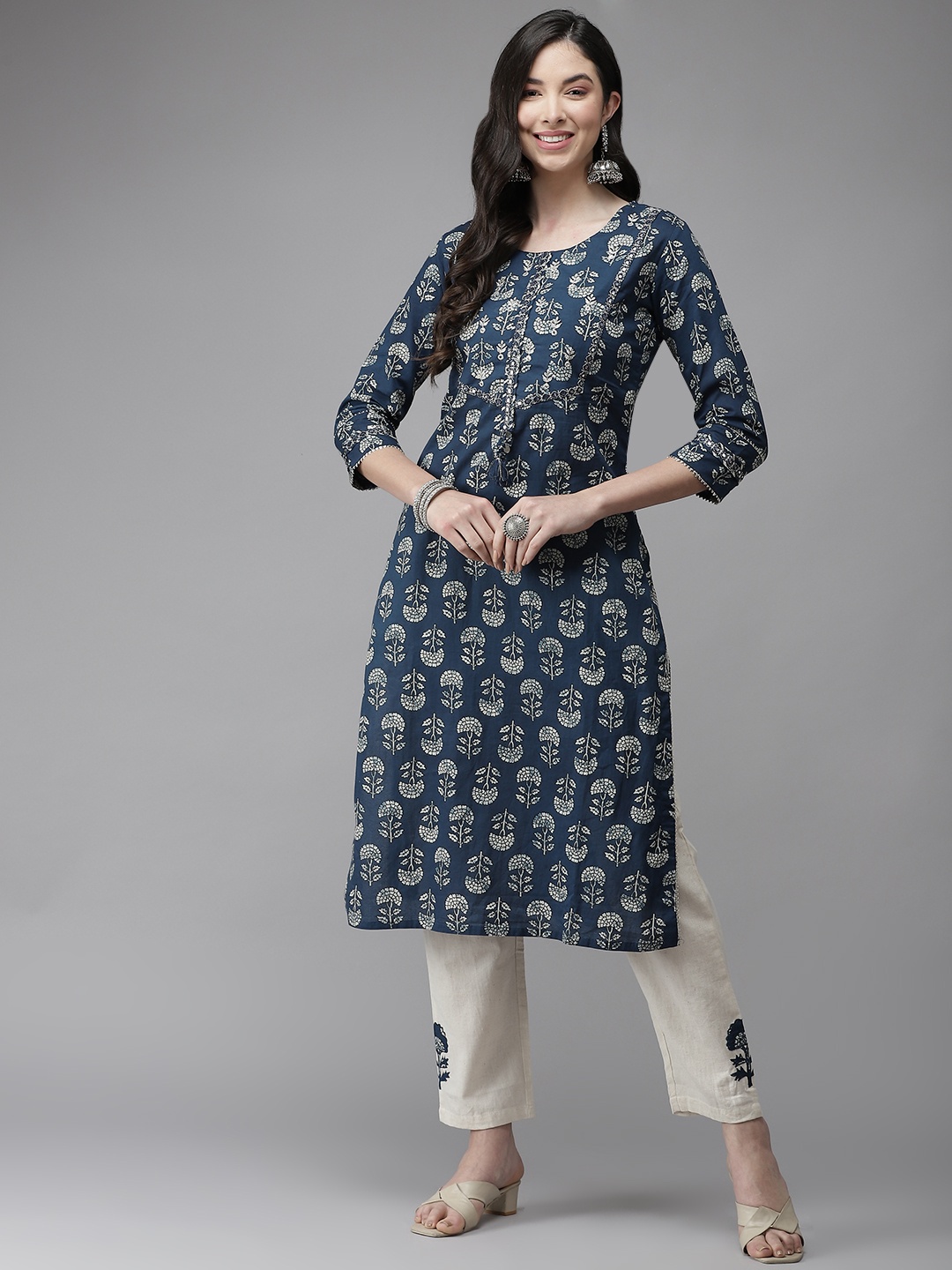 

Cayman Women Blue Ethnic Motifs Printed Pure Cotton Kurta with Trousers