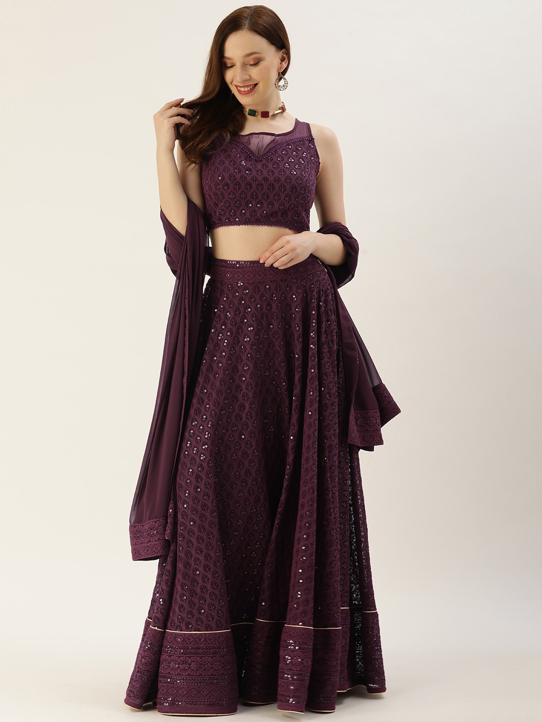 

SWAGG INDIA Purple Chikankari Sequinned Ready to Wear Lehenga & Blouse With Dupatta