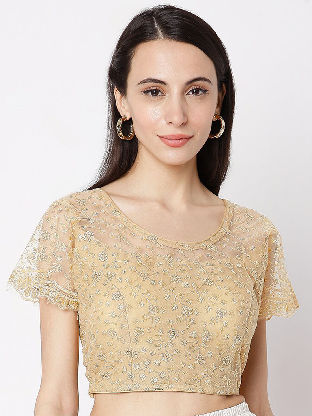 

SALWAR STUDIO Women Gold-Coloured Embroidered Cotton Saree Blouse