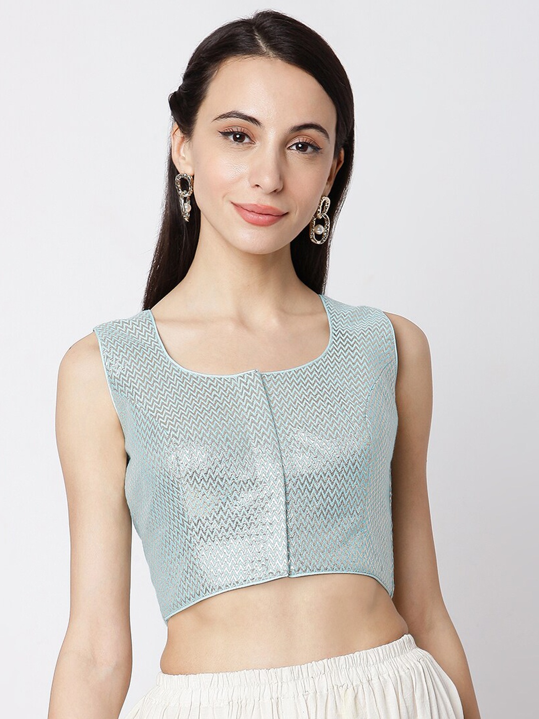 

SALWAR STUDIO Women Blue & Silver Chevron Zari Woven Cotton Jaquard Saree Blouse