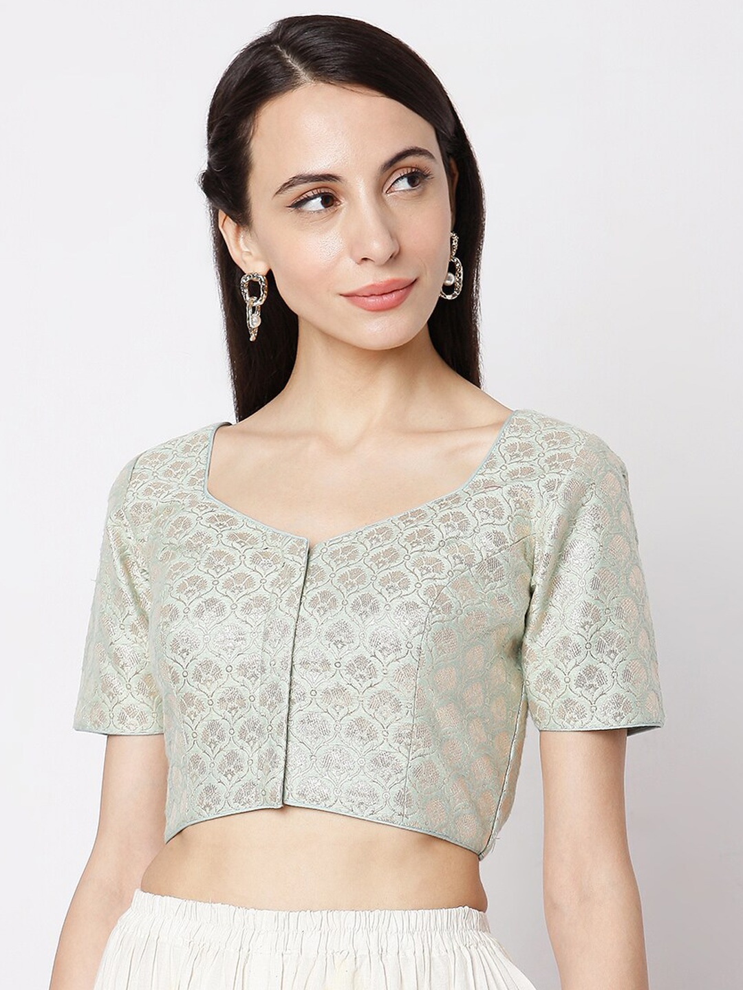 

SALWAR STUDIO Green Woven Design Readymade Cotton Saree Blouse