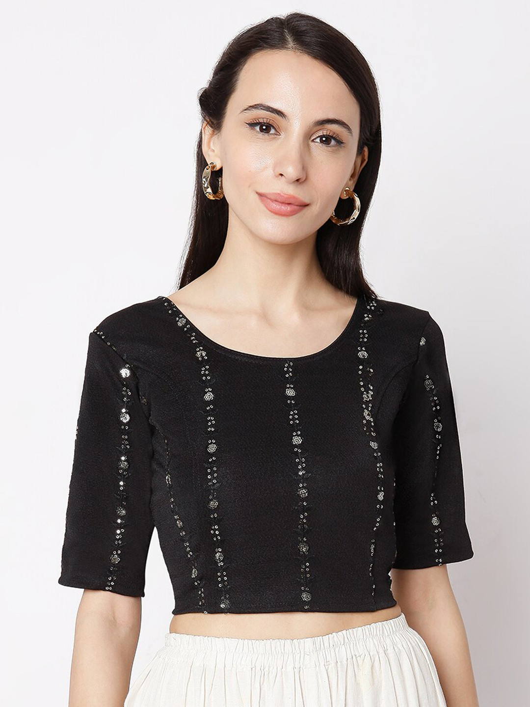 

SALWAR STUDIO Women Black Embroidered Cotton Readymade Saree Blouse