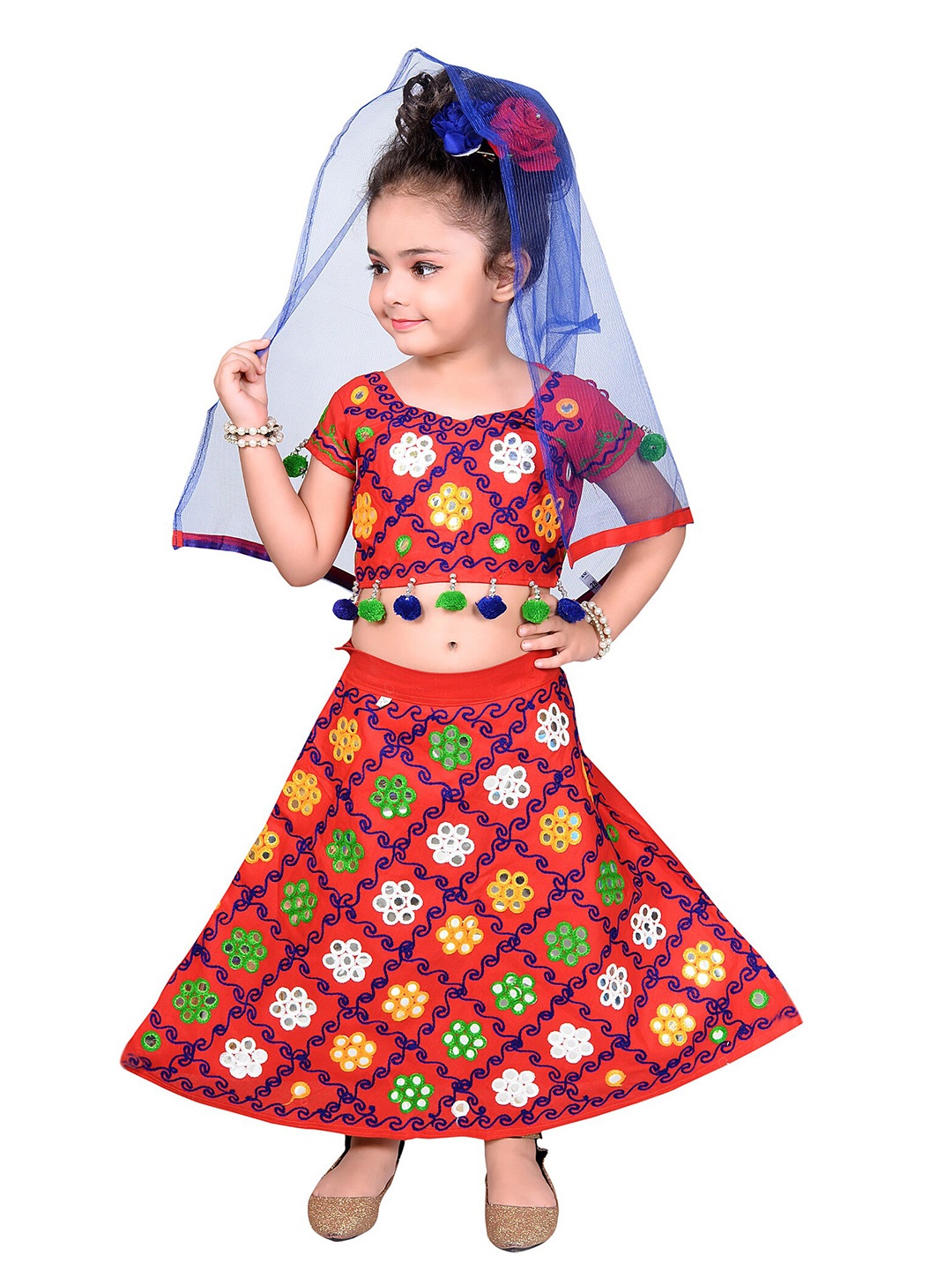 

ahhaaaa Girls Red & Blue Embroidered Thread Work Ready to Wear Lehenga & Blouse With Dupatta