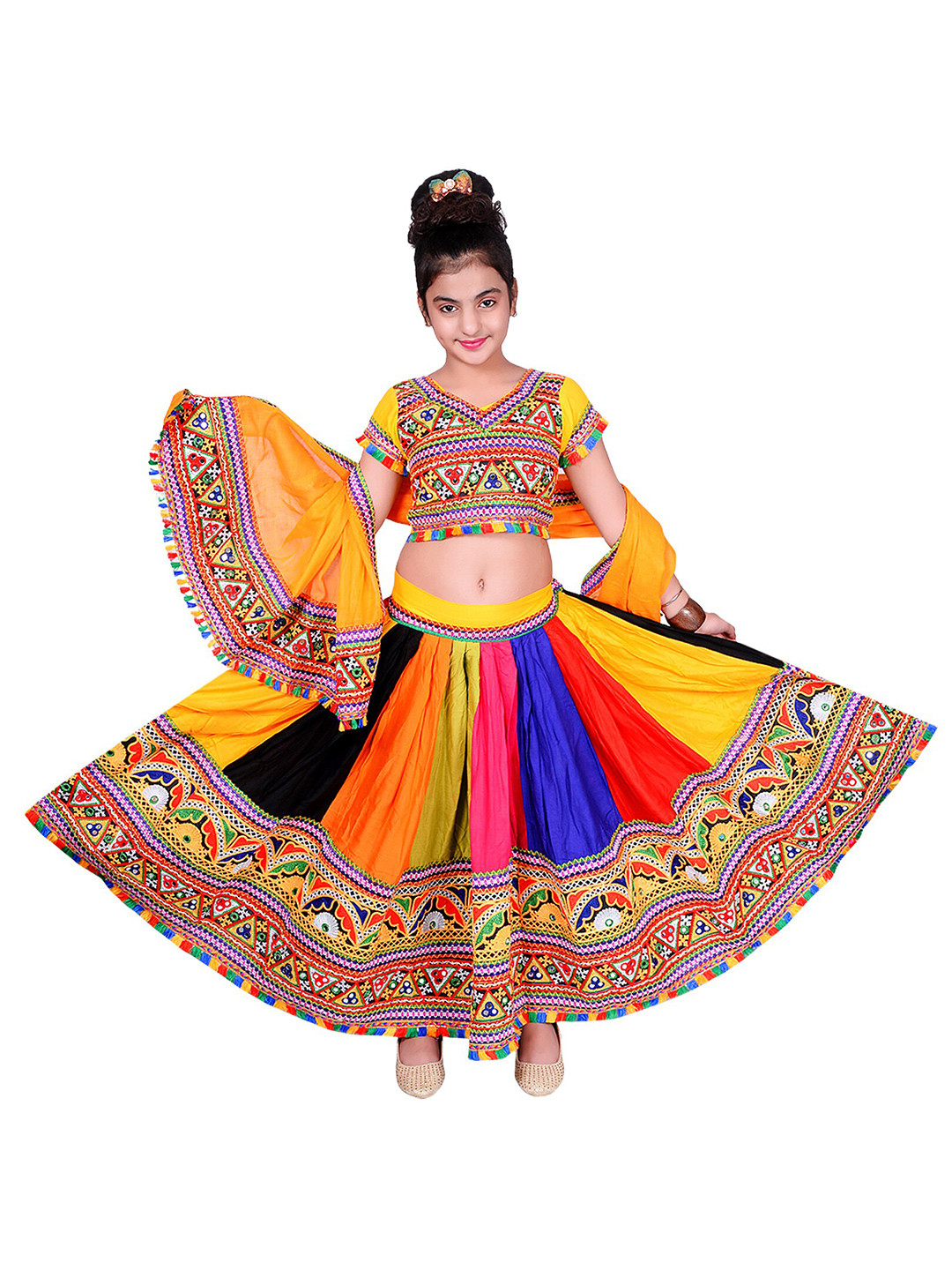 

ahhaaaa Girls Yellow & Pink Embroidered Cotton Ready to Wear Lehenga & Blouse With Dupatta