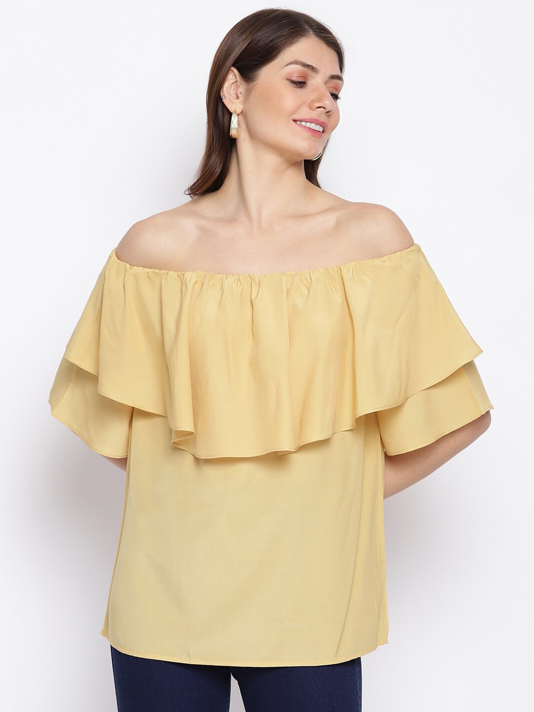 

iki chic Yellow Off-Shoulder Solid Bardot Top