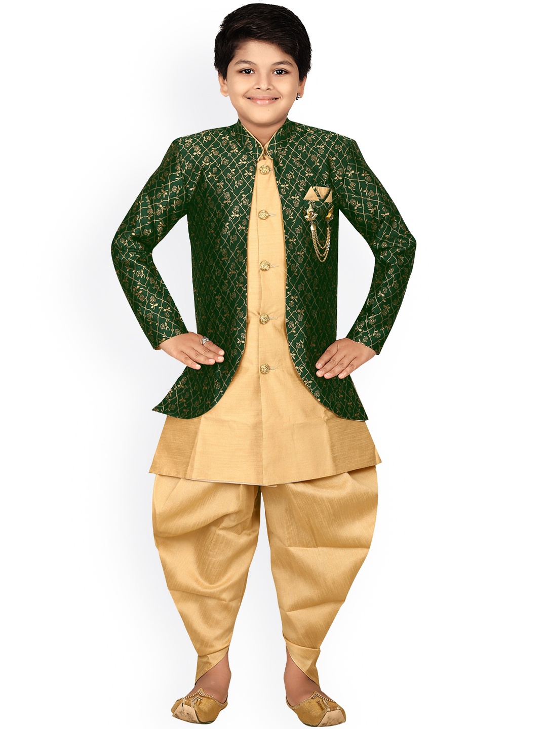 

ahhaaaa Boys Green & Gold-Toned Sherwani Set