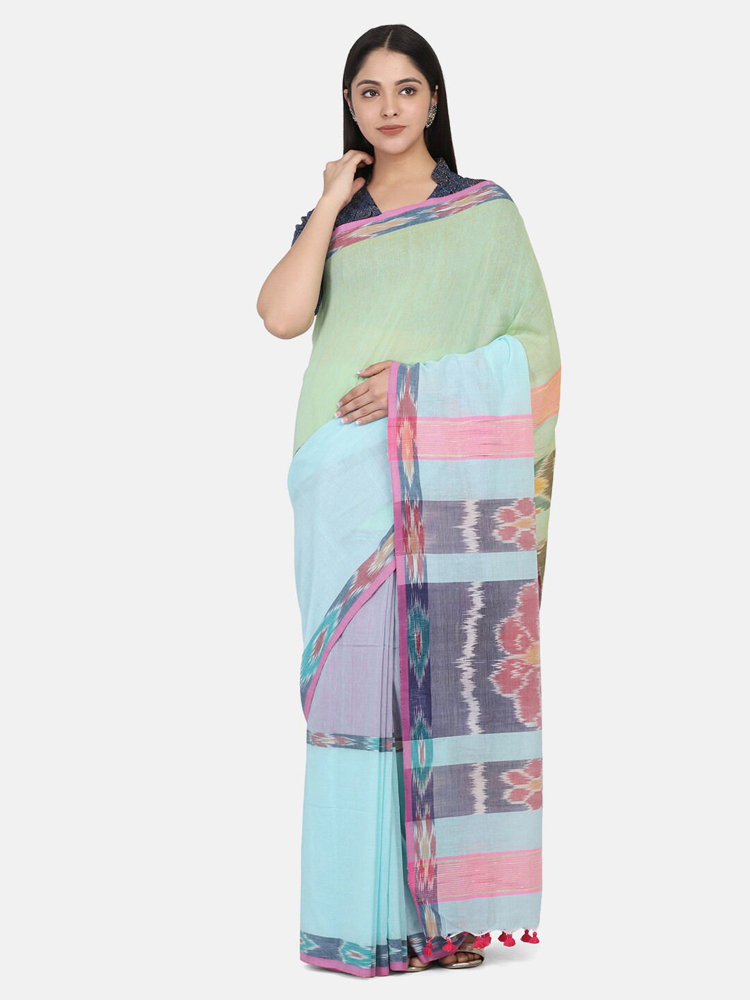 

THE WEAVE TRAVELLER Sage Green & Blue Woven Design Pure Cotton Jamdani Saree