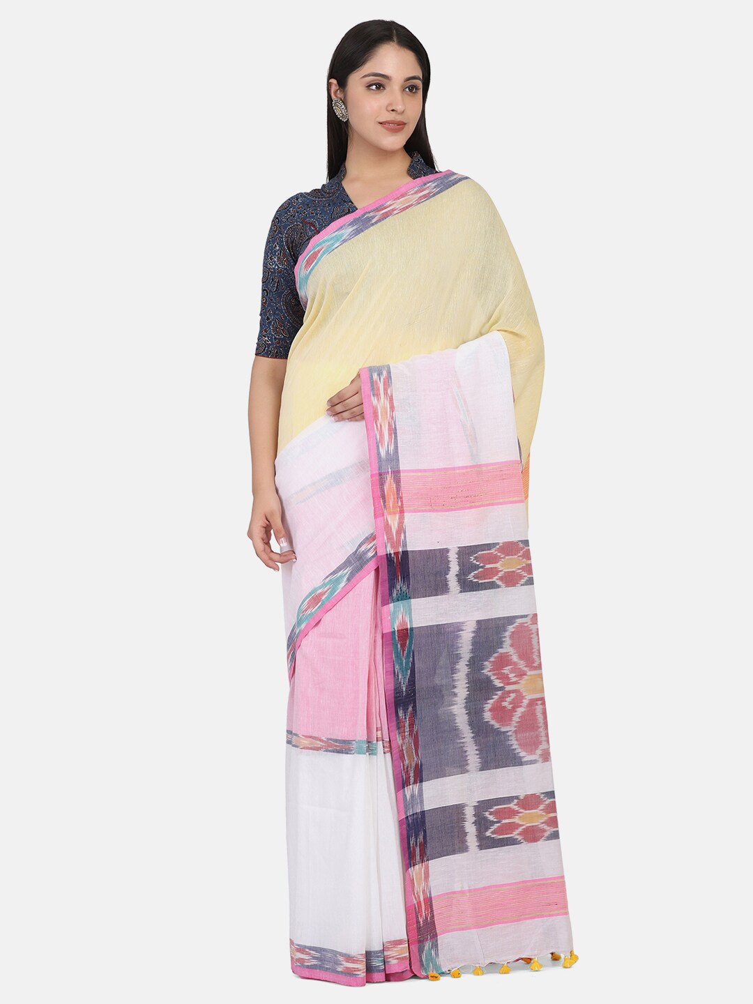 

THE WEAVE TRAVELLER White & Pink Woven Design Zari Pure Cotton Jamdani Saree