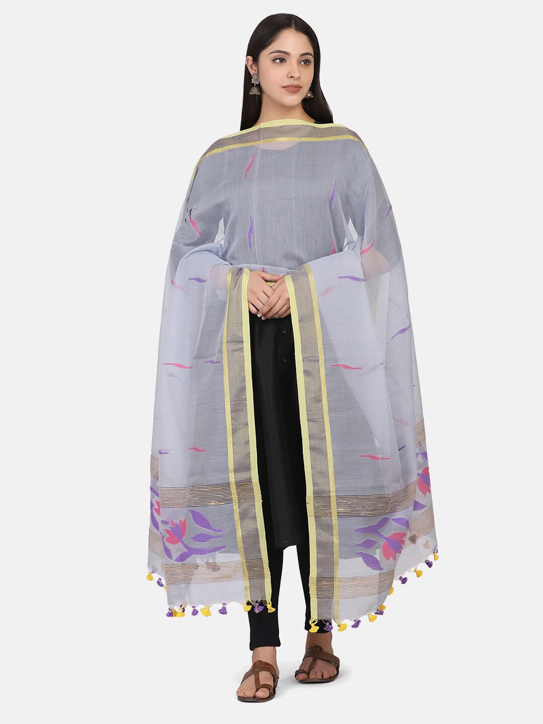 

THE WEAVE TRAVELLER Grey & Pink Ethnic Motifs Woven Design Dupatta with Zari