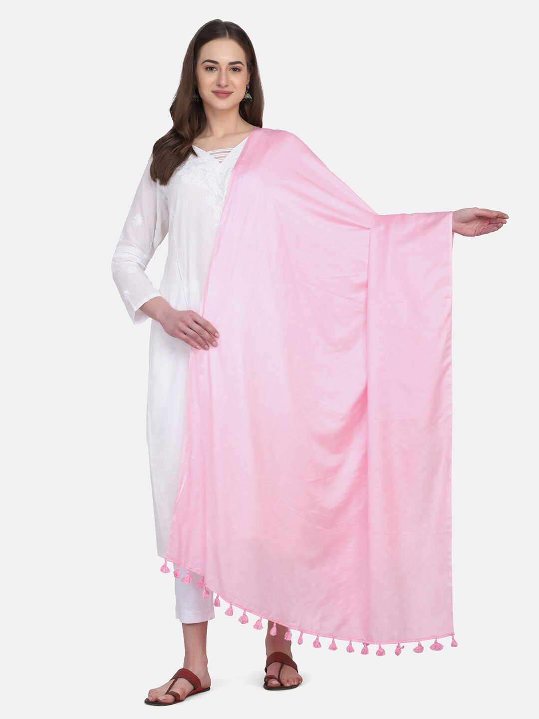 

THE WEAVE TRAVELLER Pink Art Silk Dupatta with Pom Pom Edge
