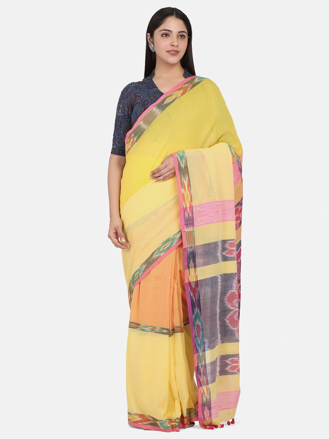 

THE WEAVE TRAVELLER Yellow & Pink Pure Cotton Jamdani Saree