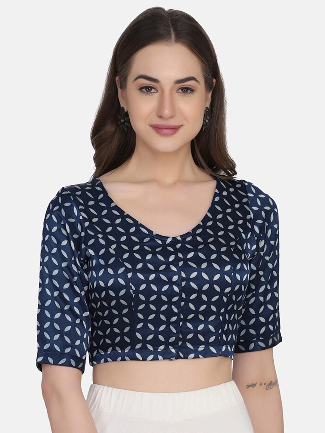 

THE WEAVE TRAVELLER Women Navy Blue Printed Ready-Made Saree Blouse