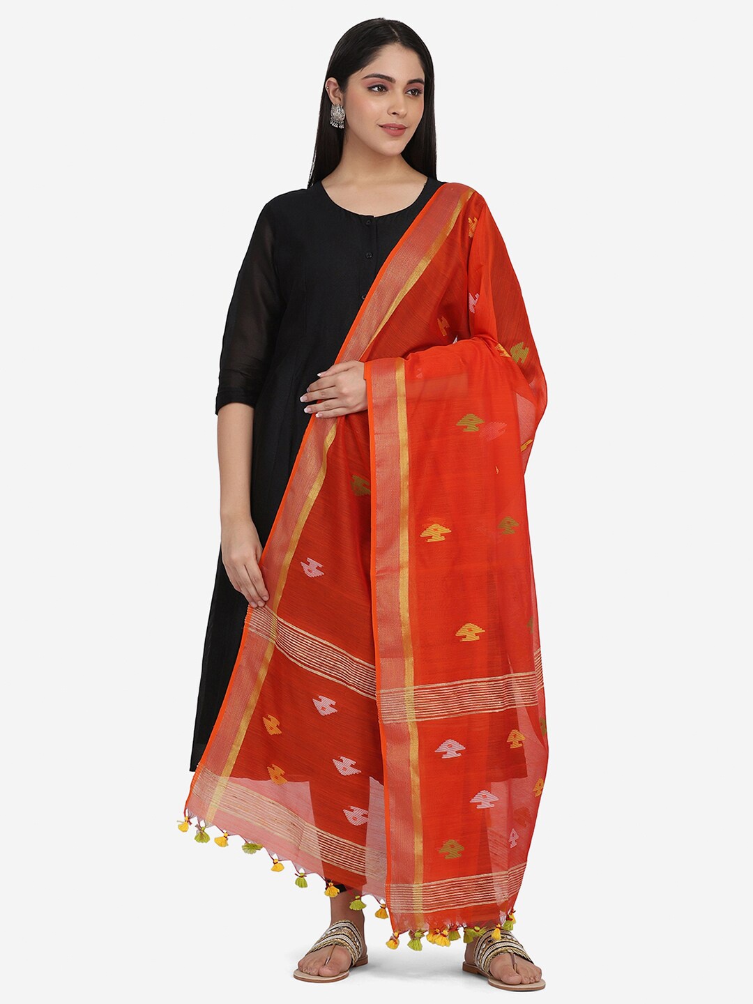 

THE WEAVE TRAVELLER Orange & Yellow Ethnic Motifs Woven Design Dupatta with Zari