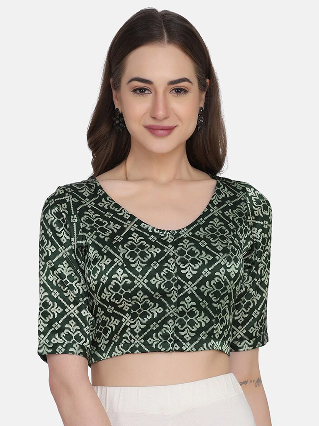 

THE WEAVE TRAVELLER Women Green Printed Ready-Made Non Paded Mashru Blouse
