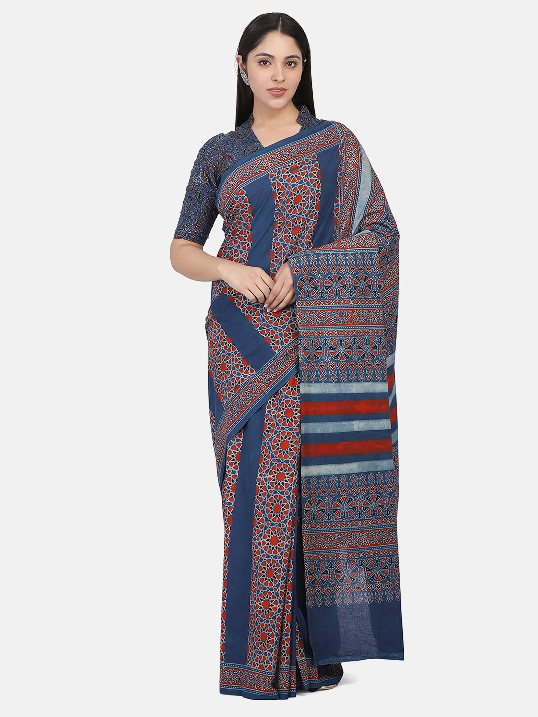 

THE WEAVE TRAVELLER Blue Ajrak Printed Pure Cotton Saree