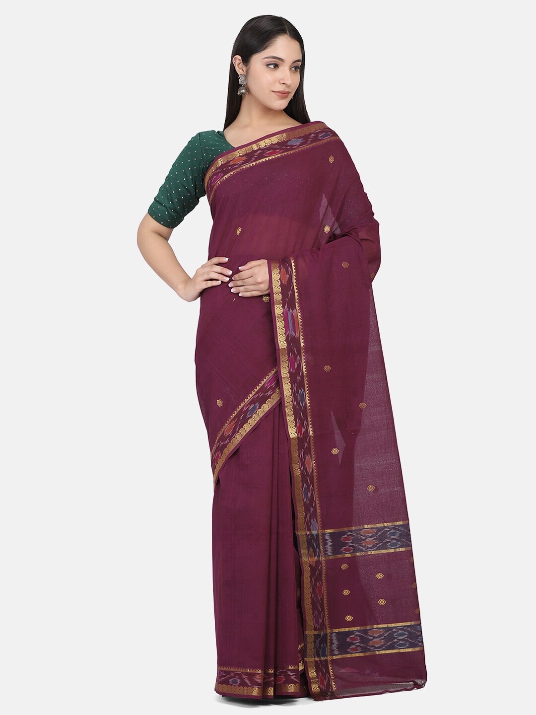 

THE WEAVE TRAVELLER Burgundy & Blue Woven Design Zari Pure Cotton Mangalagiri Saree