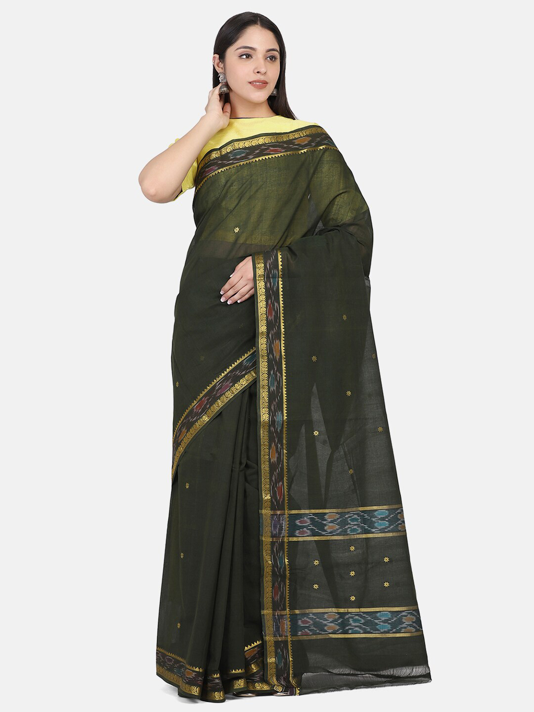 

THE WEAVE TRAVELLER Olive Green & Golden Ethnic Motifs Zari Pure Cotton Mangalagiri Saree