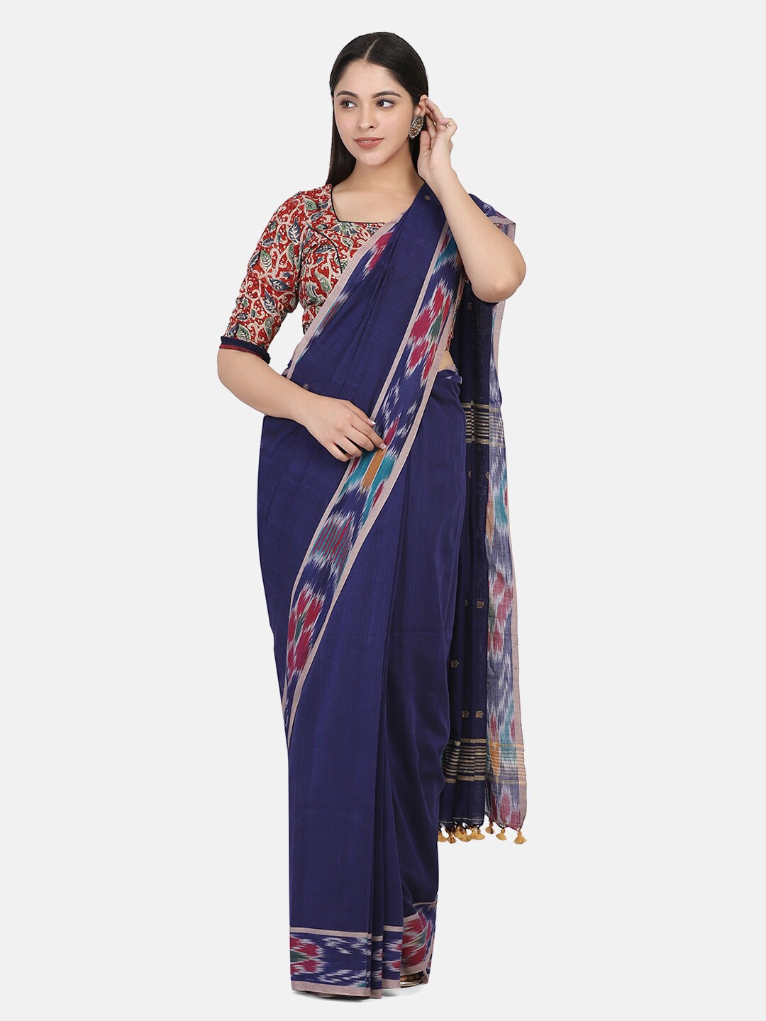 

THE WEAVE TRAVELLER Navy Blue & Red Woven Design Pure Cotton Jamdani Saree