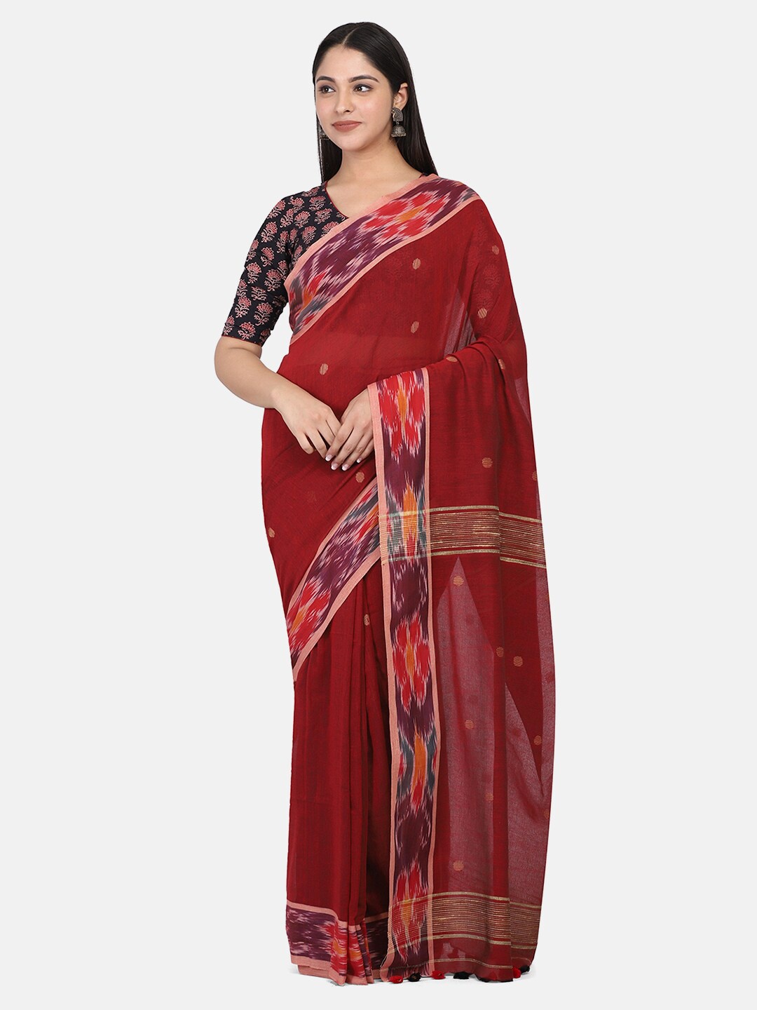 

THE WEAVE TRAVELLER Maroon & Blue Ethnic Motifs Pure Cotton Jamdani Saree