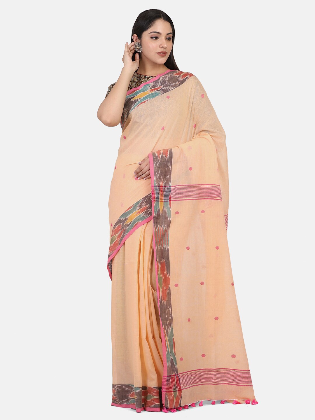 

THE WEAVE TRAVELLER Peach-Coloured & Brown Woven Design Pure Cotton Jamdani Saree