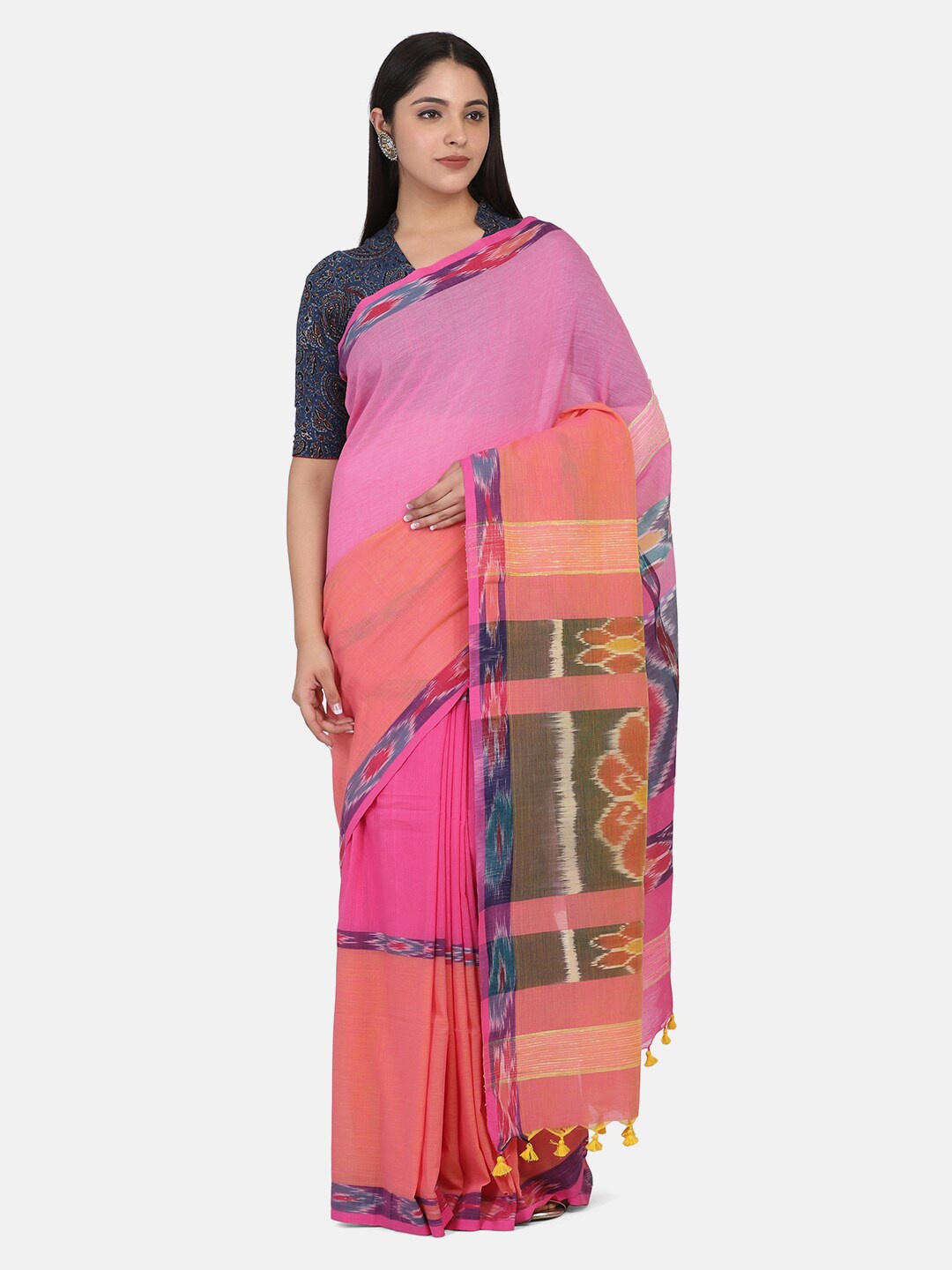 

THE WEAVE TRAVELLER Pink & Orange Woven Design Pure Cotton Jamdani Saree