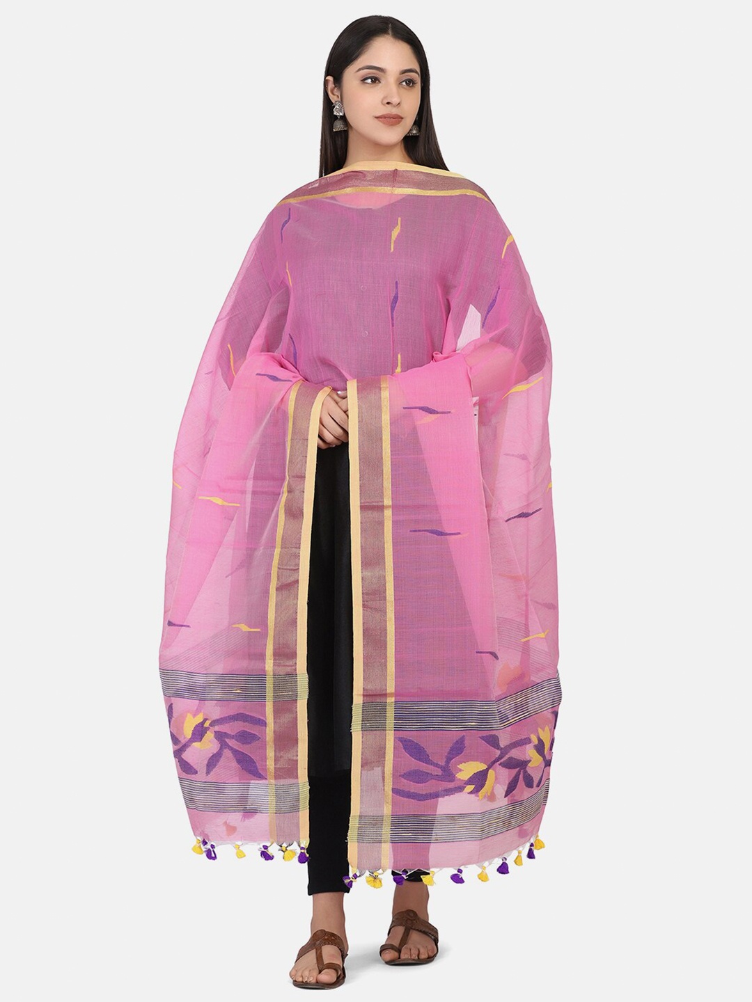 

THE WEAVE TRAVELLER Pink & Blue Floral Woven Design Cotton Blend Jamdani Dupatta