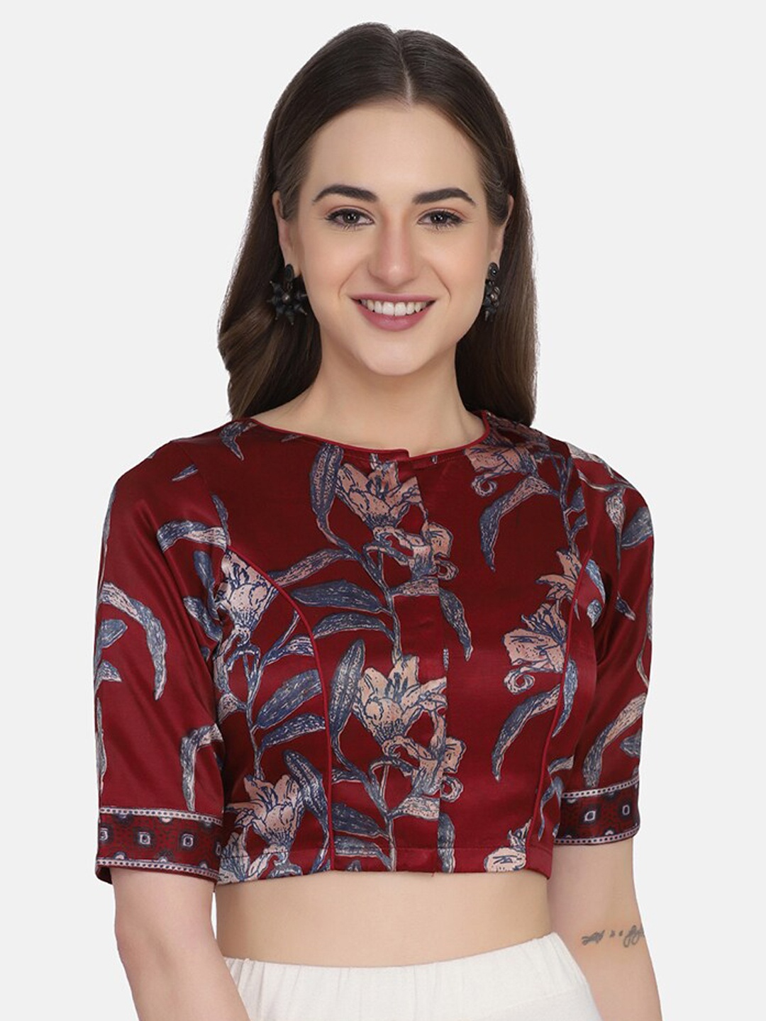 

THE WEAVE TRAVELLER Women Maroon Printed Ready-Made Saree Blouse