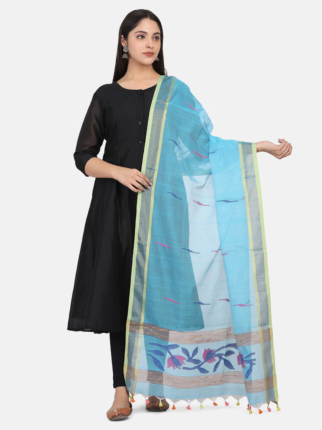 

THE WEAVE TRAVELLER Blue & Pink Woven Design Jamdani Dupatta with Zari